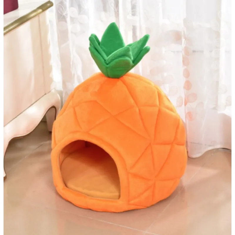 Stylish pineapple pet bed, an enclosed cozy cat bed or small dog bed in vibrant orange.