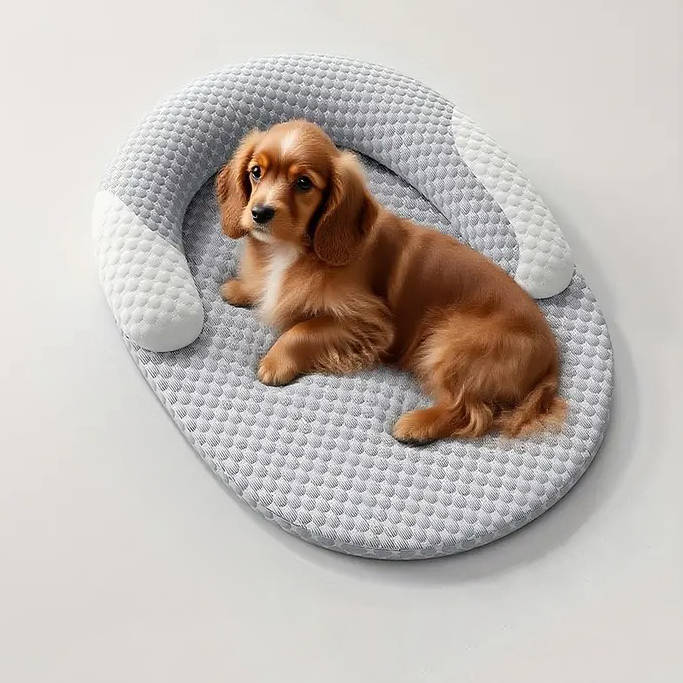 Orthopedic cooling dog bed with gray fabric and integrated neck pillow, offering pet comfort and support.