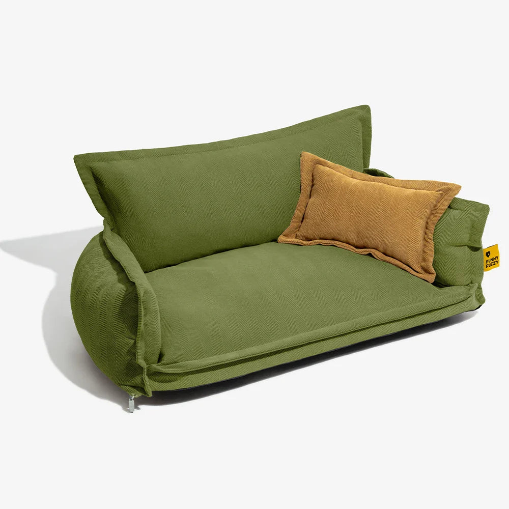 Top-down view of a spacious orthopedic dog bed with a distinct removable pillow feature.