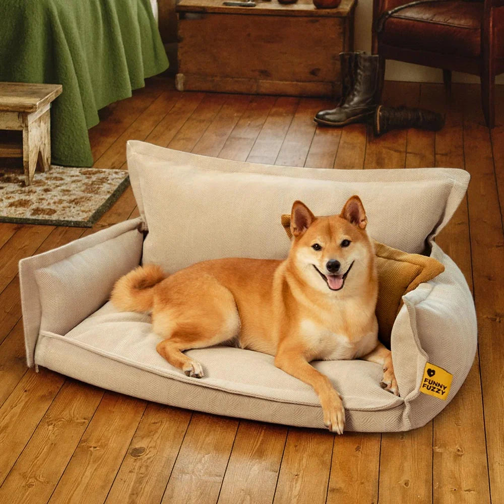 Orthopedic dog bed with a contrasting removable pillow, providing elevated pet health and sleep.