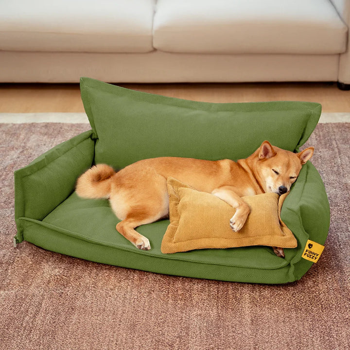 Close-up of a washable orthopedic dog bed showing soft chenille texture and removable pillow.
