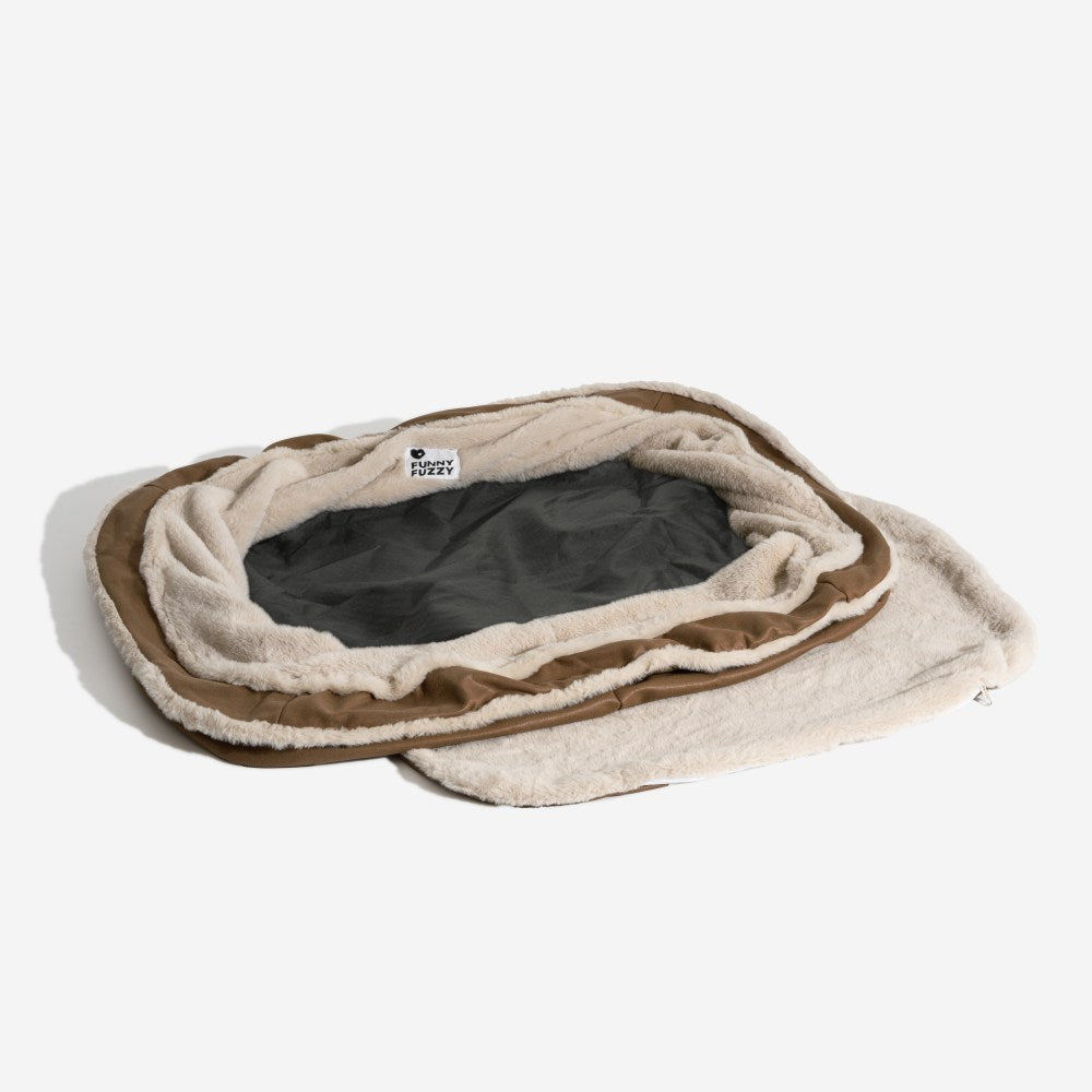 Zippered washable dog bed cover for orthopedic large breed pet bed, plush surface.