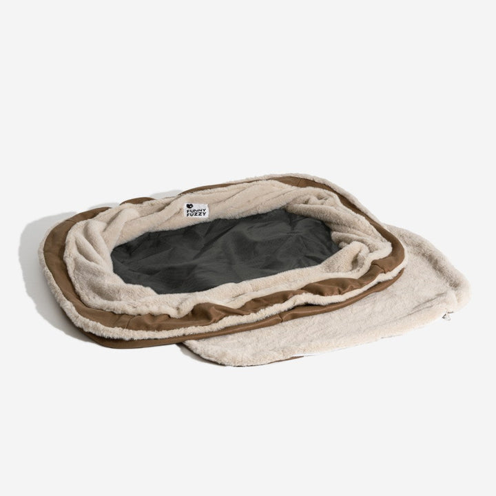 Zippered washable dog bed cover for orthopedic large breed pet bed, plush surface.