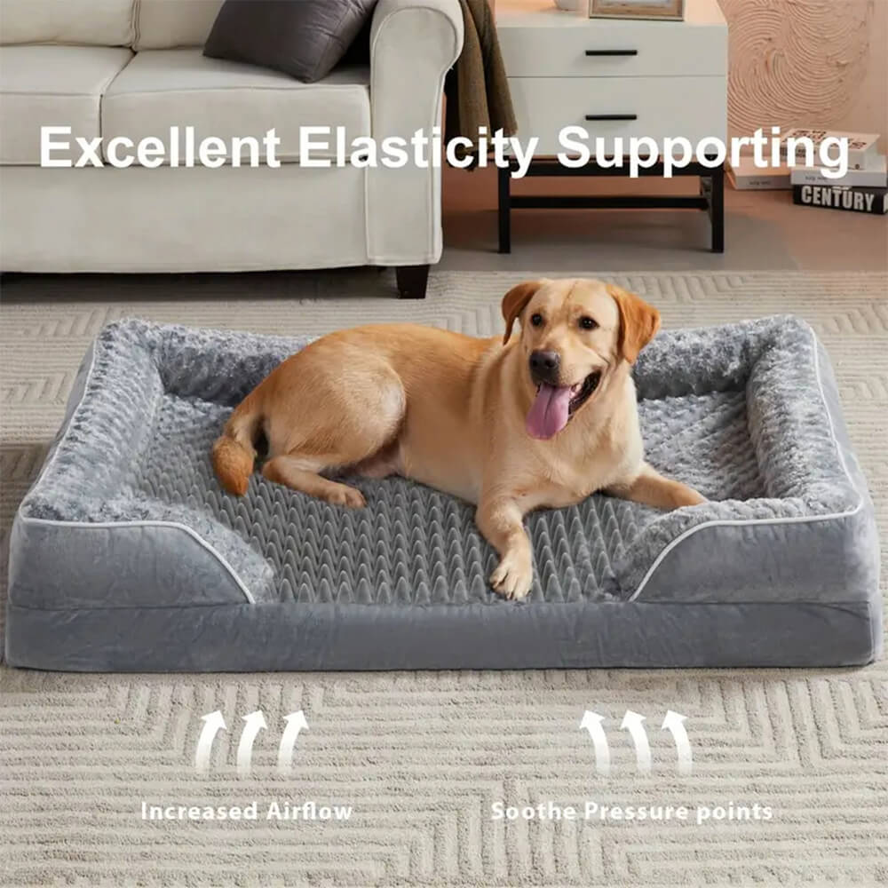 Unisex dog bed, water-repellent and orthopedic, designed for pet comfort and joint support.