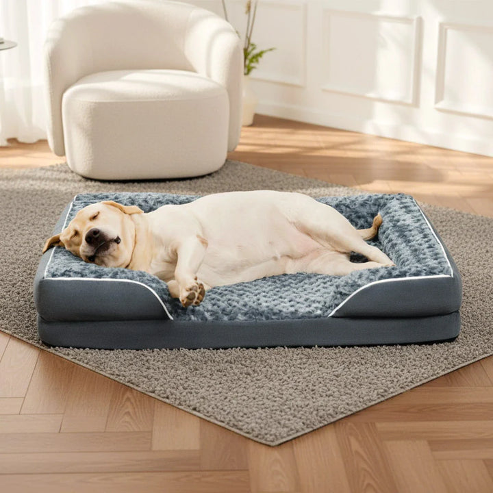 Detachable water-repellent cover on an orthopedic dog bed, promoting hygiene and pet health.
