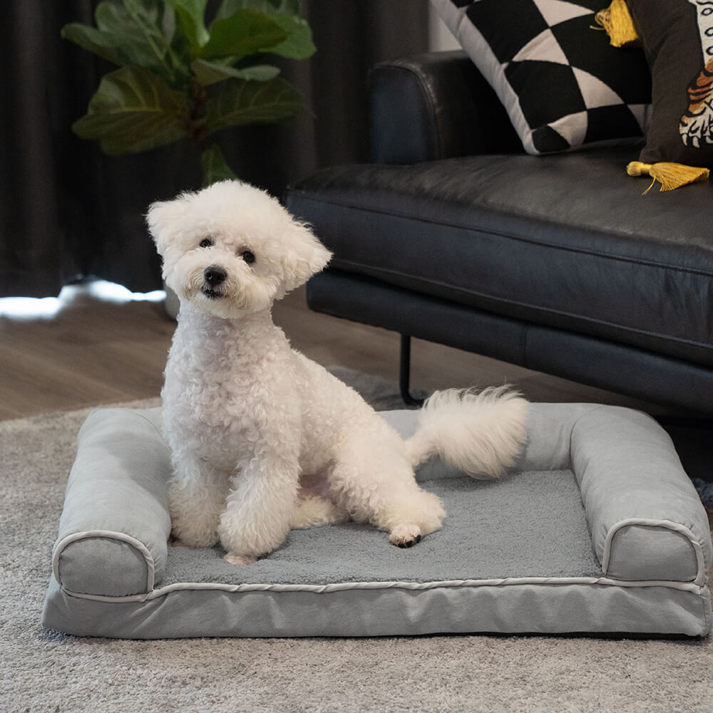 Orthopedic pet bed, full bolster for security, enhancing dog's joint health