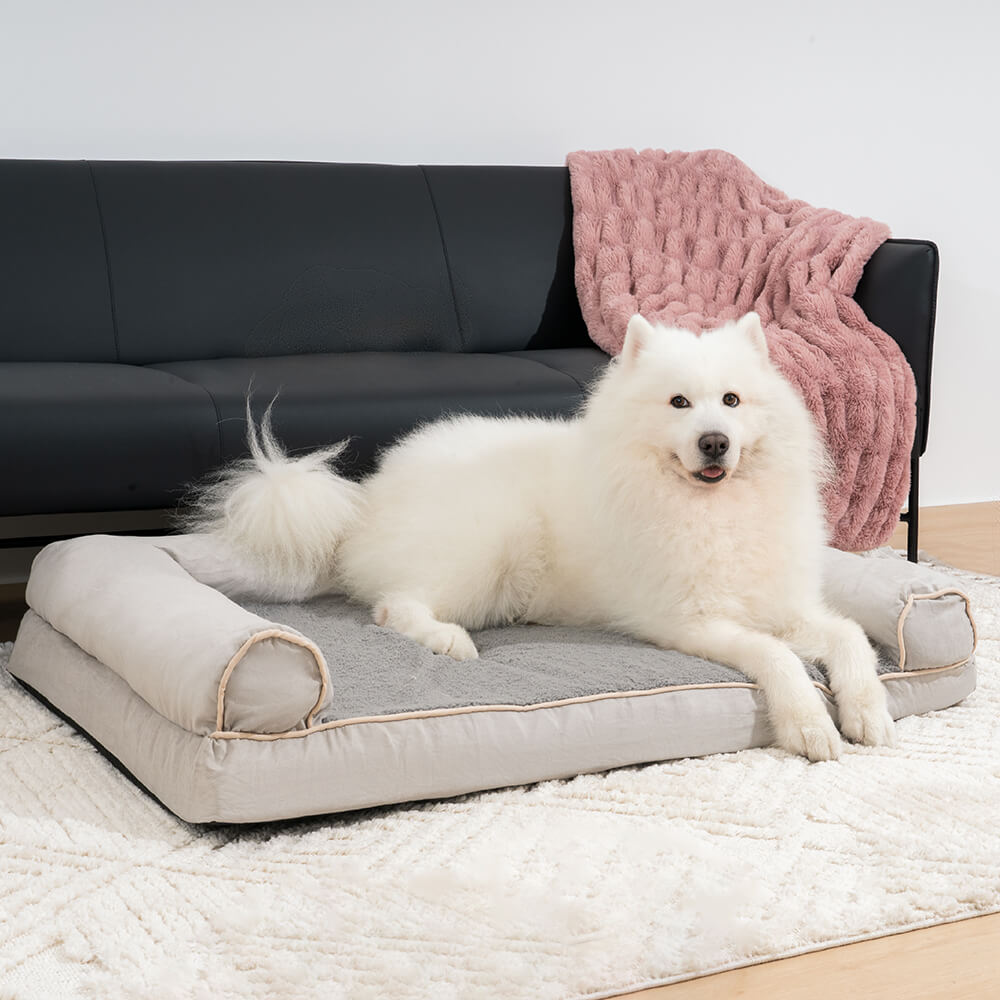 Washable orthopedic dog bed, full bolster support, fleece sleeping surface