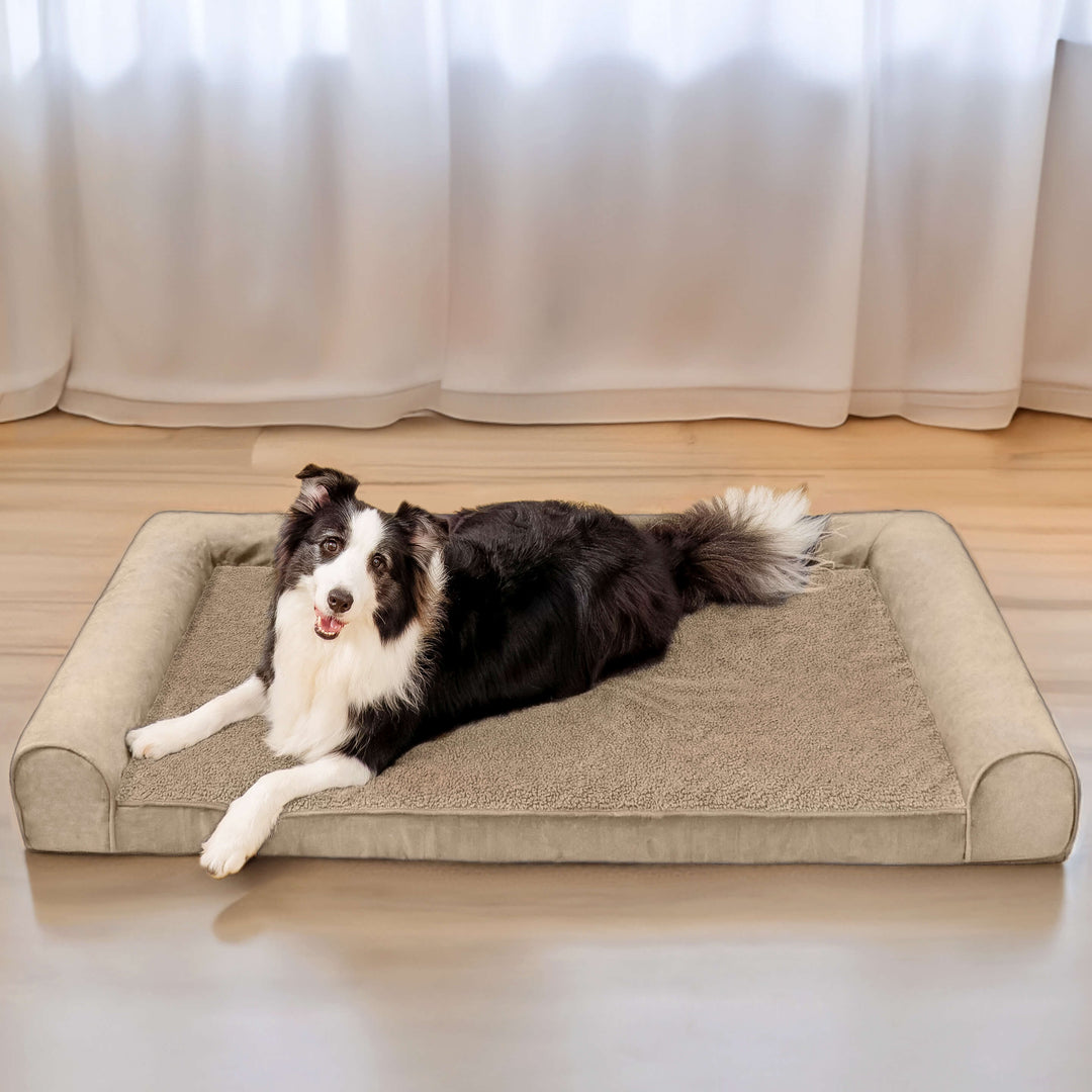 Grey orthopedic dog bed with full bolster, offering maximum pet comfort