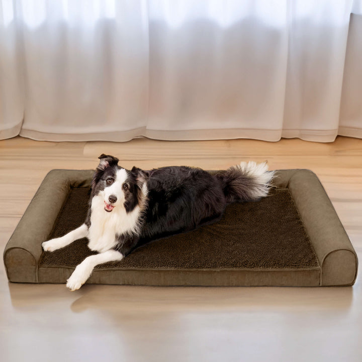 Large orthopedic dog bed with full surrounding bolster for joint relief