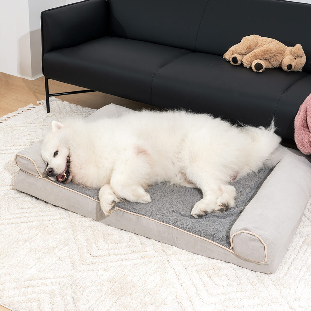 Comfortable orthopedic pet bed with fleece top & suede base, full bolster support