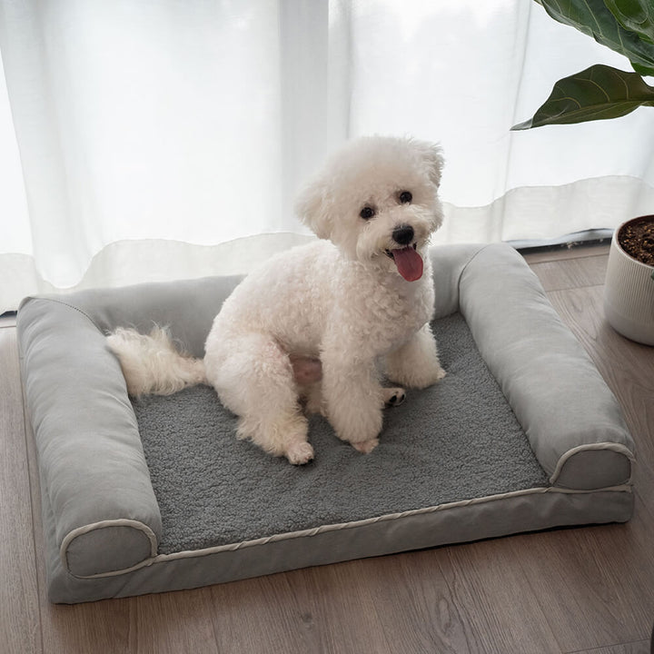 Orthopedic dog bed, washable fleece & suede, supportive bolster for all breeds