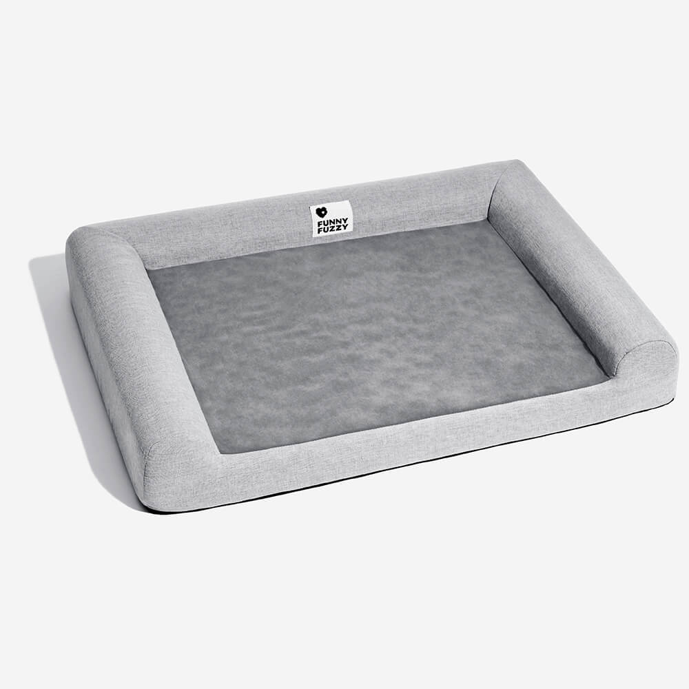 Orthopedic pet bed demonstrated with a dog lounging, showcasing ultimate comfort and support