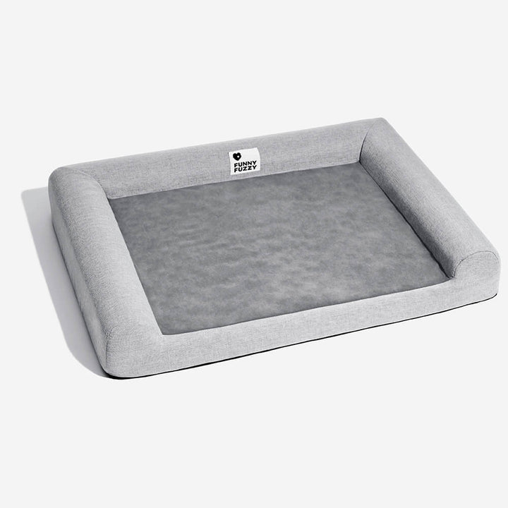 Orthopedic pet bed demonstrated with a dog lounging, showcasing ultimate comfort and support