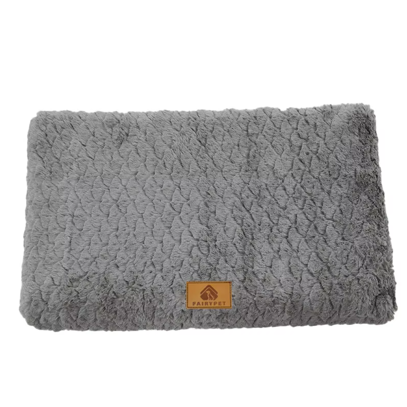 Washable orthopedic pet mat on a hardwood floor, soft and fluffy for dog or cat
