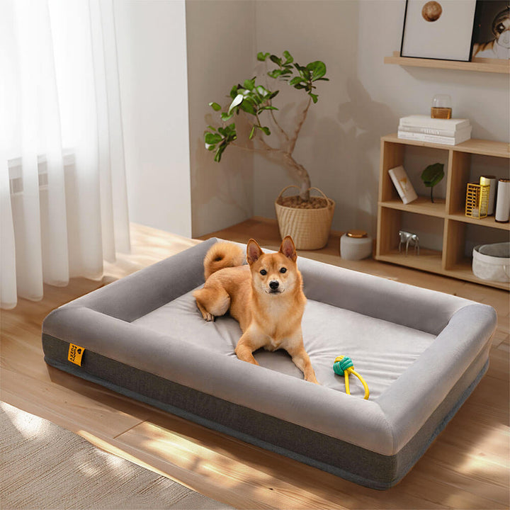 Luxury orthopedic dog bed, grey suede, for superior joint support.