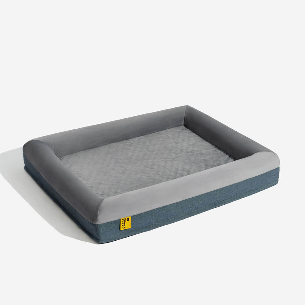 Pet furniture: grey suede orthopedic dog bed for comfort and support.