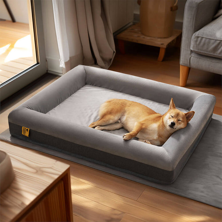 Orthopedic dog bed with memory foam for joint pain relief, grey suede.