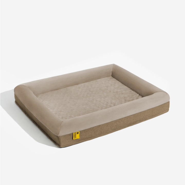 Comfortable grey orthopedic dog bed, washable cover, for aging dogs.