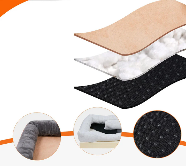 Comfortable orthopedic pet bed with raised sides, ideal for joint support and travel.