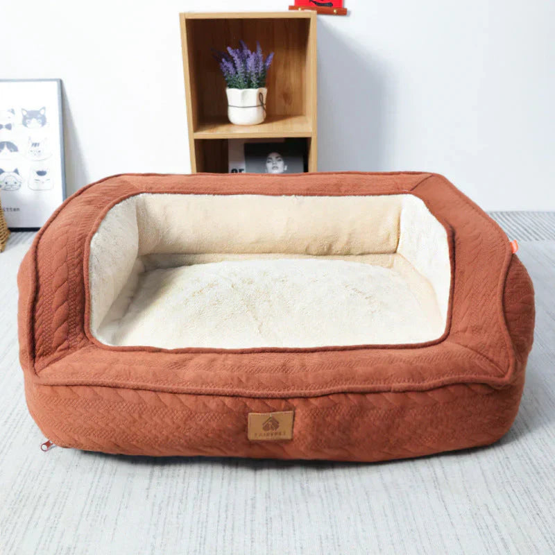 Ergonomic pet bed for joint health, comfortable and supportive for senior dogs.