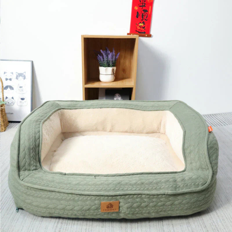 A cozy dog bed, featuring an ergonomic design for optimal joint health and comfort.