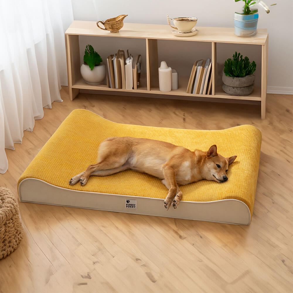 Orthopedic dog lounge bed, grey, designed for large dogs with joint support. Washable cover included.