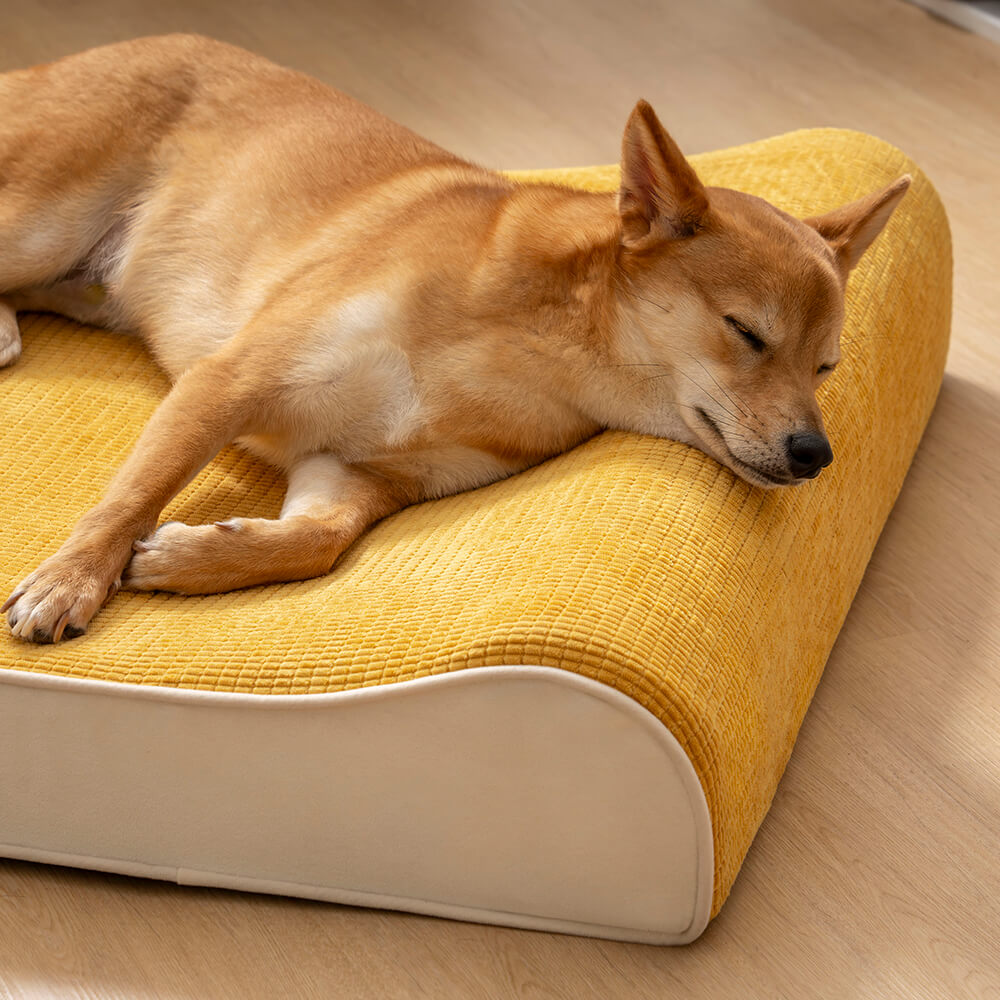 Close-up of orthopedic dog bed fabric, showing soft, comfortable texture for pet joint support.