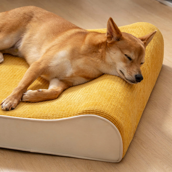 Close-up of orthopedic dog bed fabric, showing soft, comfortable texture for pet joint support.
