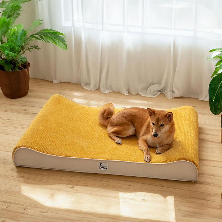 Orthopedic dog bed, side view, showcasing elevated design for easy access for dogs with joint issues.