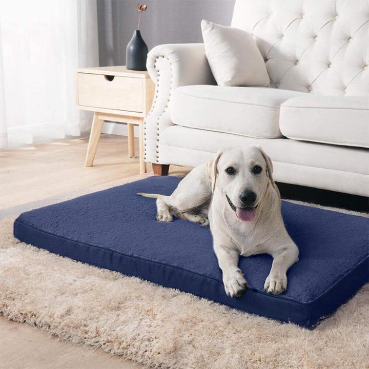Orthopedic memory foam dog bed for large breeds, beige, with waterproof liner.
