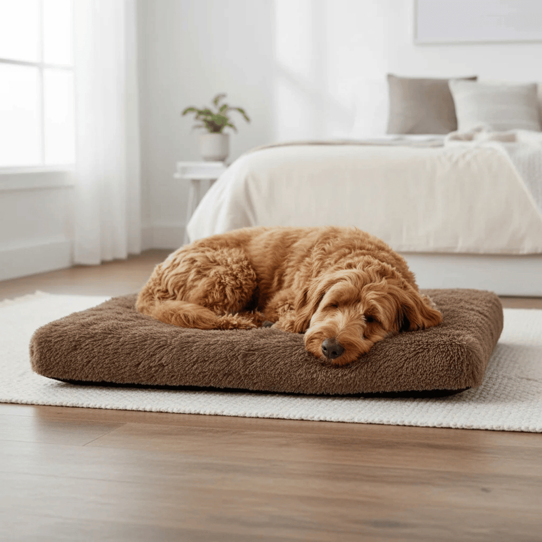 Close-up of memory foam pet bed, soft plush fabric for dogs and cats, superior joint support