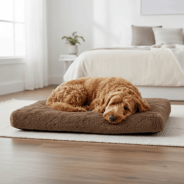 Close-up of memory foam pet bed, soft plush fabric for dogs and cats, superior joint support
