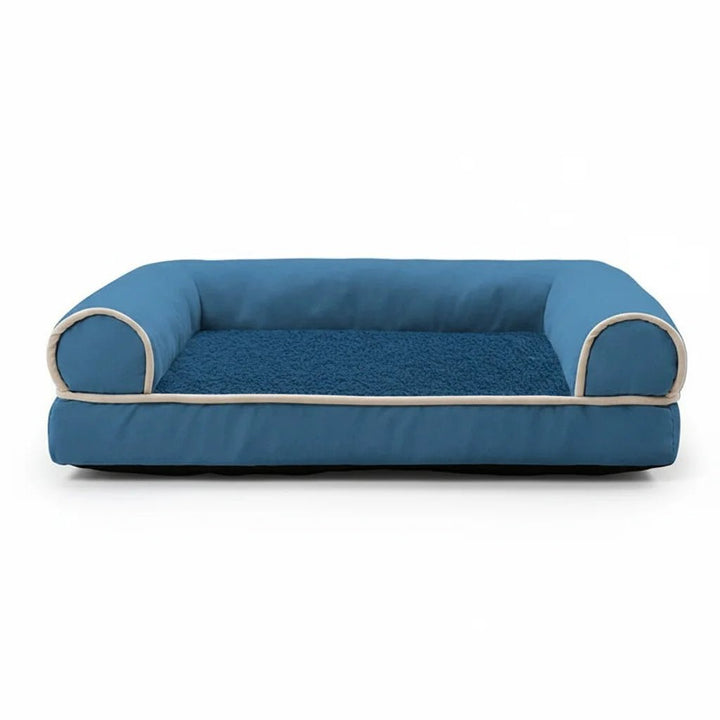 Orthopedic memory foam dog bed with supportive bolster, grey washable fleece cover for joint support and pet comfort.