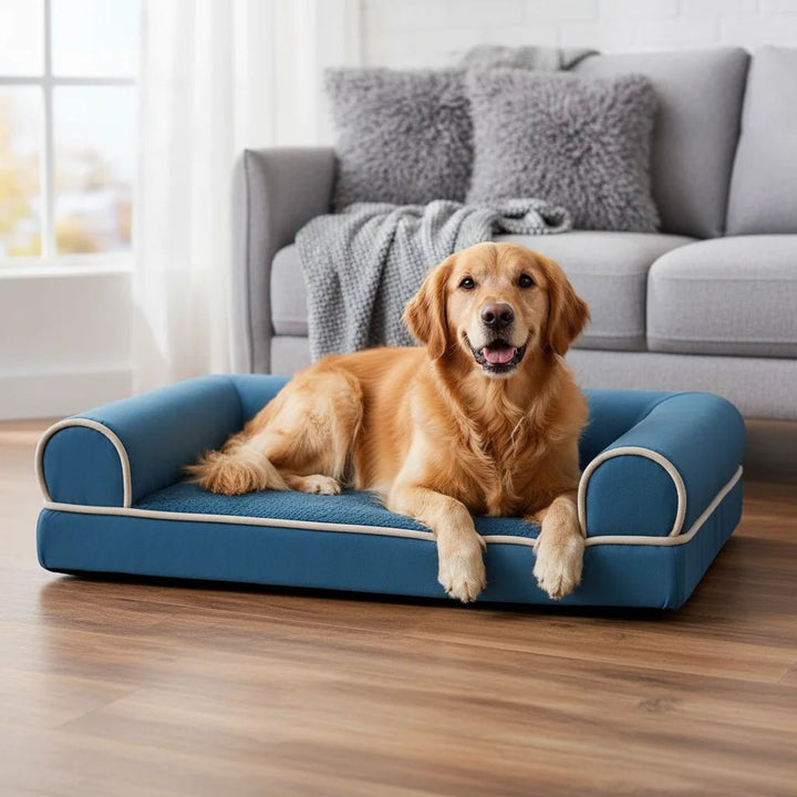 Grey washable cat bed, orthopedic memory foam bolster design for deep sleep and joint support in pets.