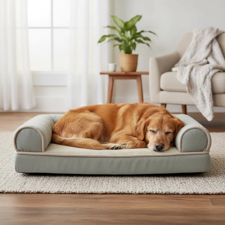 Plush orthopedic memory foam pet bed, bolster style, providing joint support for dogs and cats.
