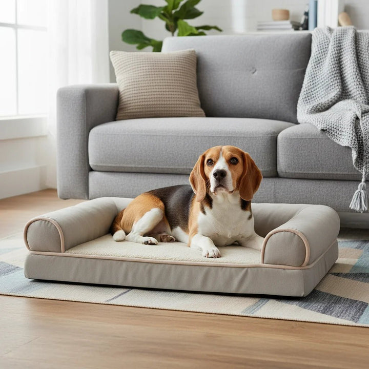 Luxurious memory foam dog bed with soft fleece bolster, designed for orthopedic comfort and deep sleep.