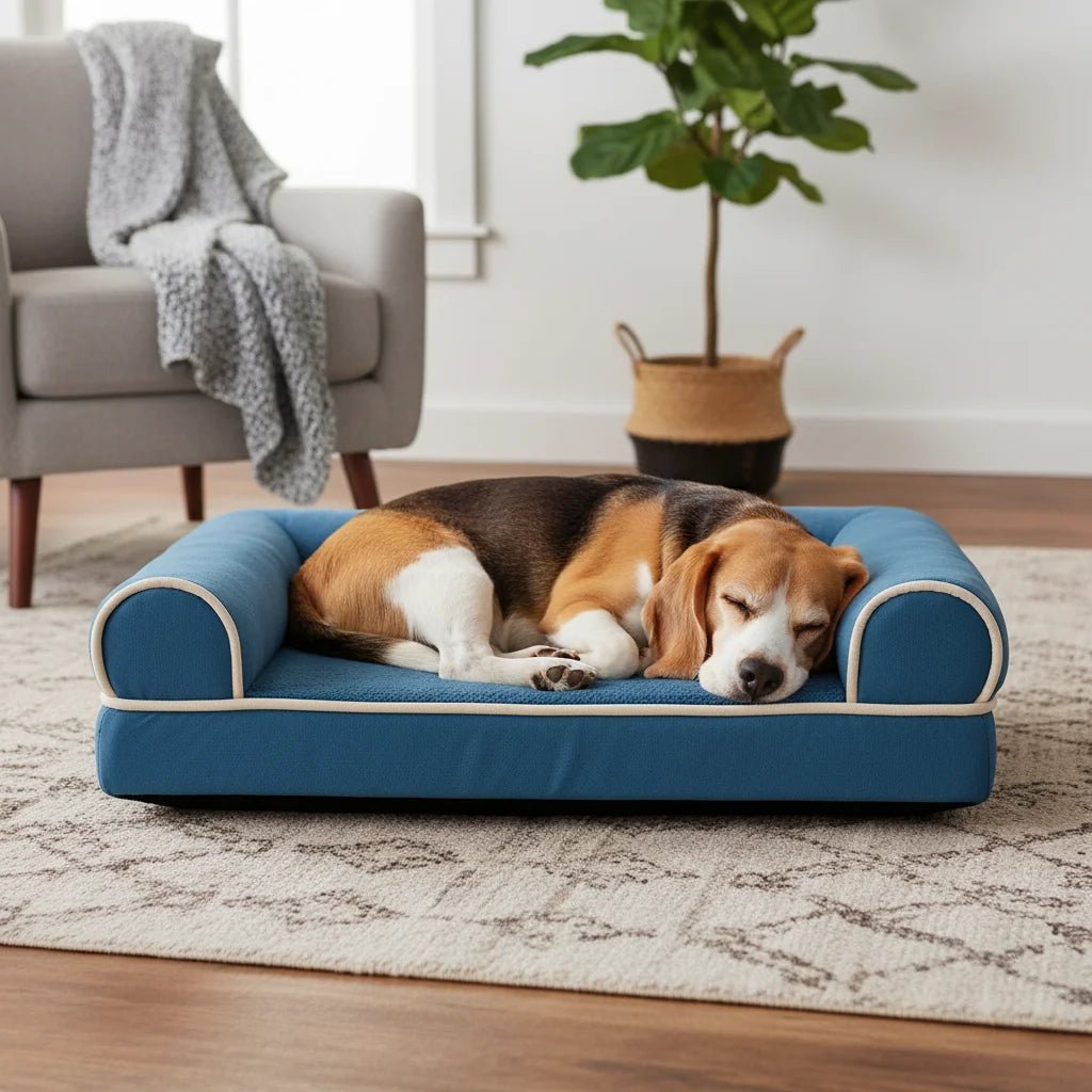 Washable orthopedic bolster pet bed, grey fleece, offering superior joint support for dogs and cats.