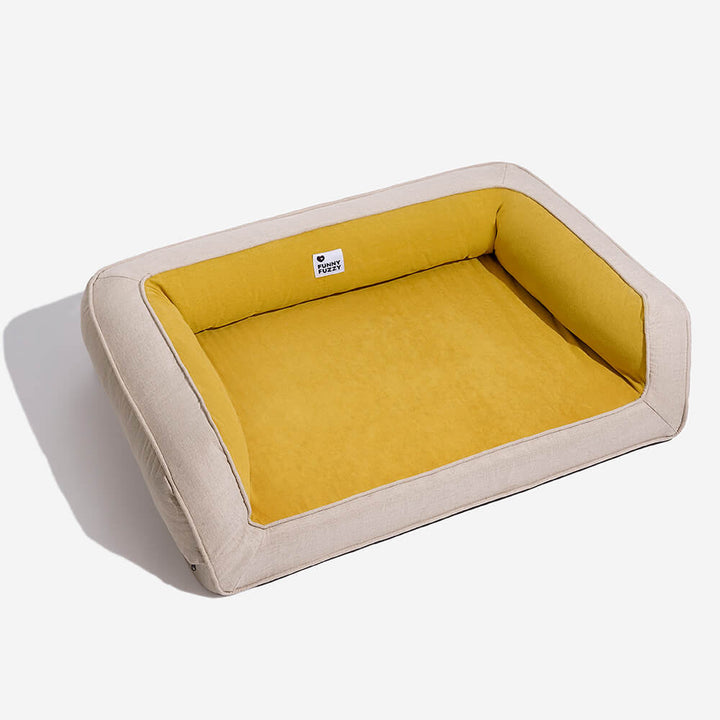 Zipper detail on washable cover of orthopedic dog bed, easy to maintain pet furniture