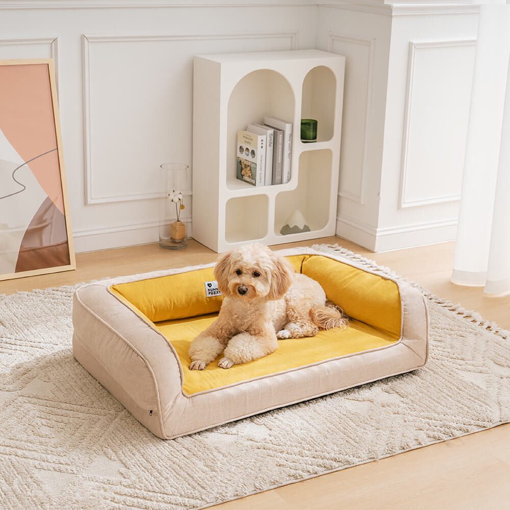 Dog on plush orthopedic sofa bed with full support, comfortable pet furniture for large dogs