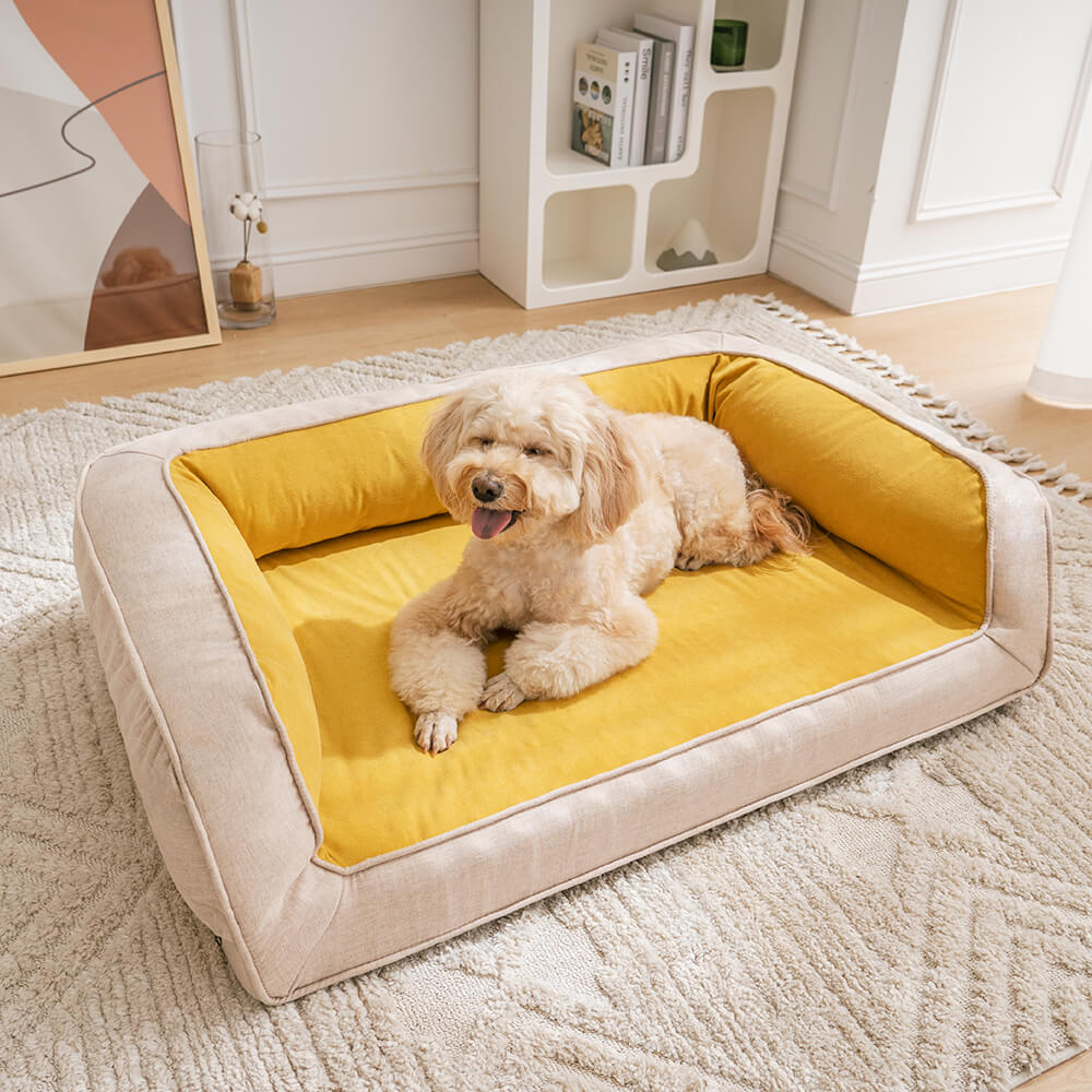 Side profile of orthopedic full support dog bed, showing elevated bolsters for large breeds