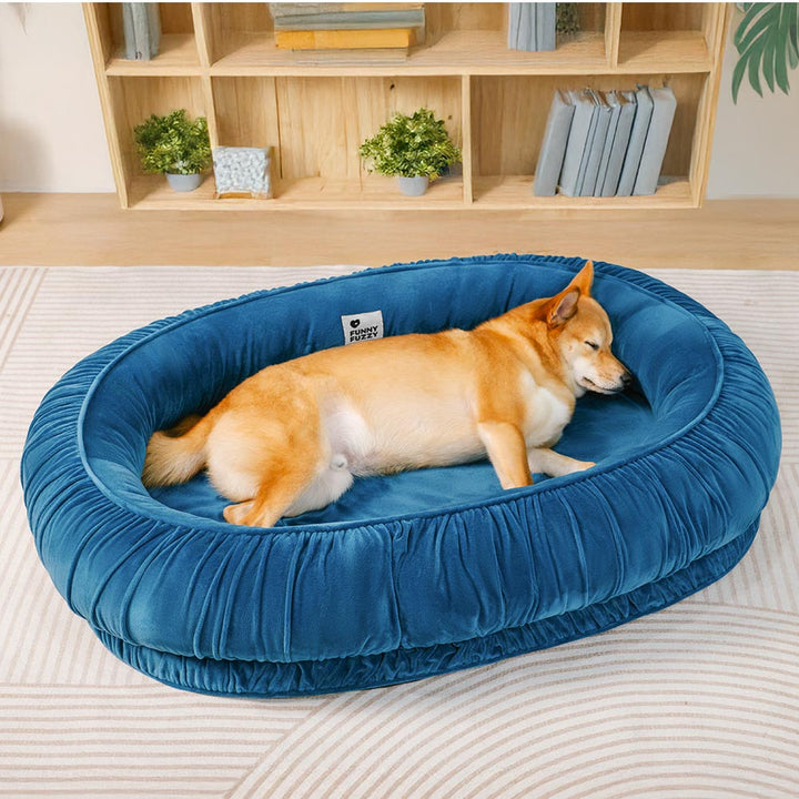 Washable oval pet bed with orthopedic support, plush velvet, and a convenient detachable cover.