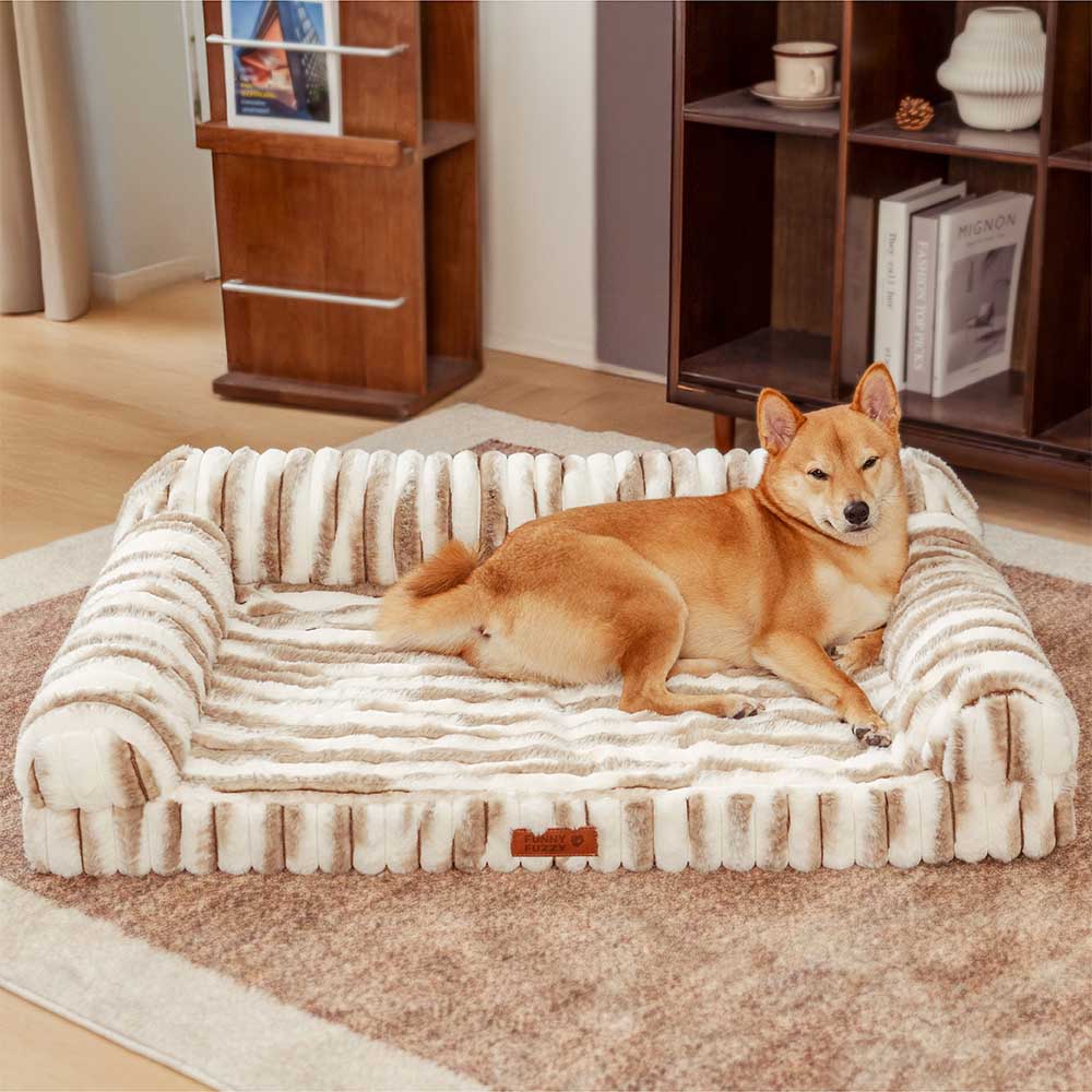 Orthopedic pet bed with bolster, striped faux fur, for large dogs & cats, washable, non-slip bottom