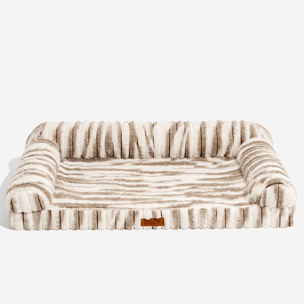 Fluffy striped orthopedic dog bed, full bolster for security, non-slip, machine washable
