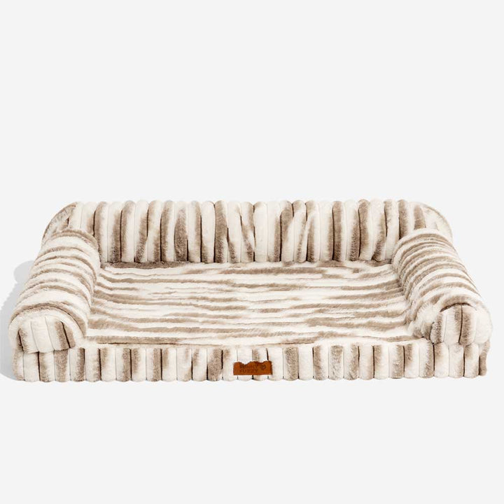 Fluffy striped orthopedic dog bed, full bolster for security, non-slip, machine washable