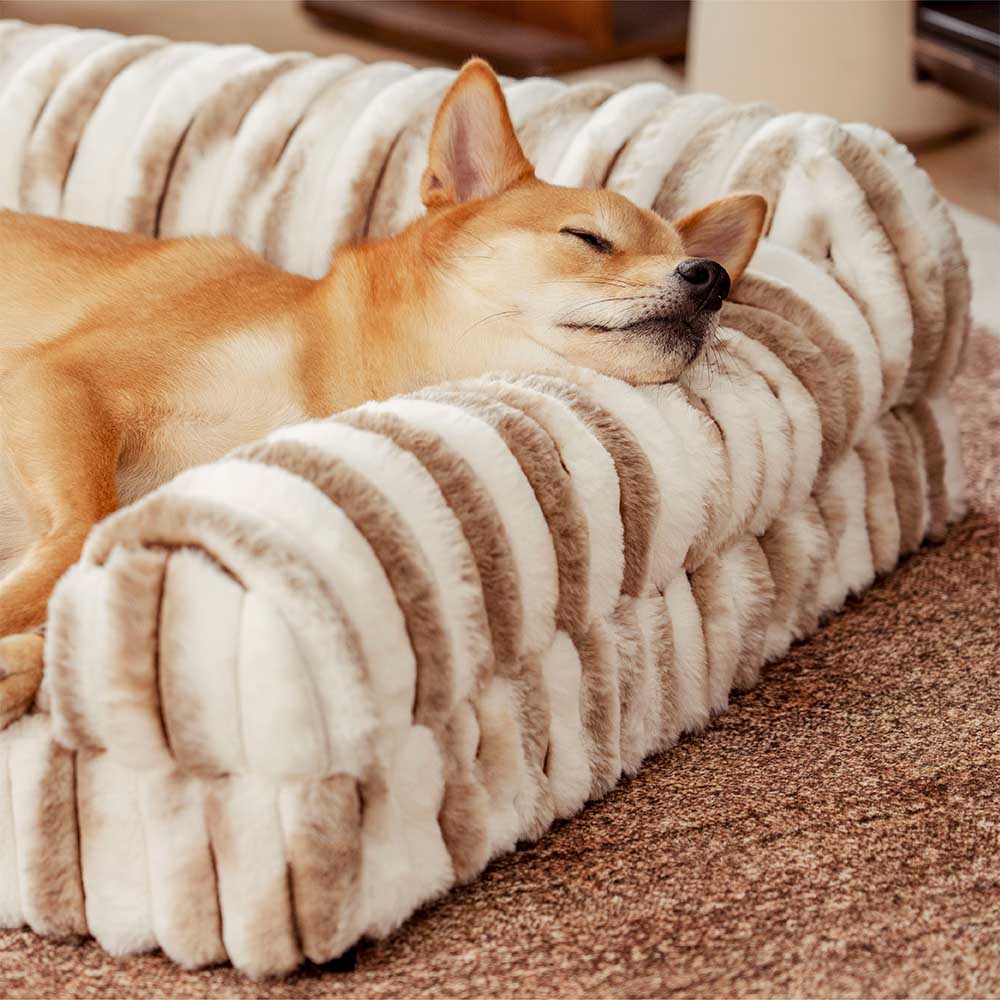 Striped orthopedic dog bed with plush bolster, comfy support for pets, washable & non-slip design