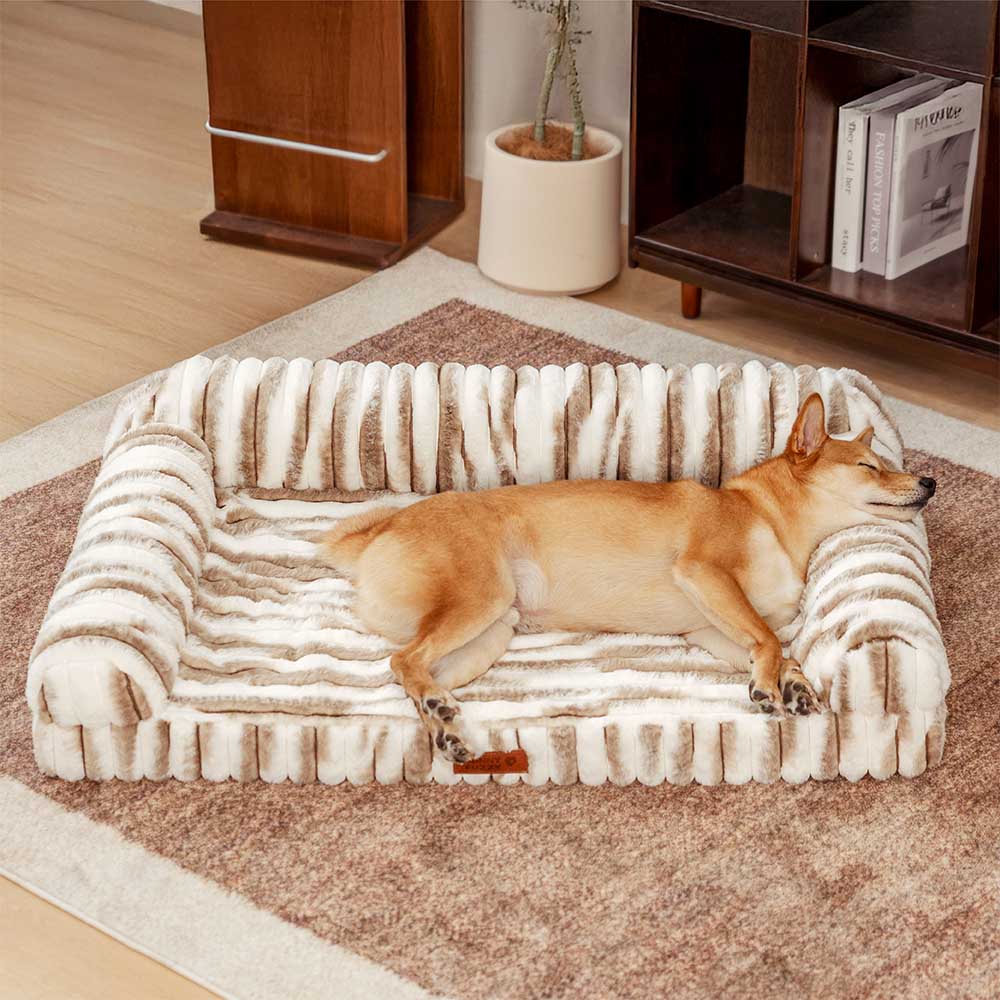 Fluffy striped bolster pet bed, orthopedic comfort for senior dogs, non-slip base, durable fabric