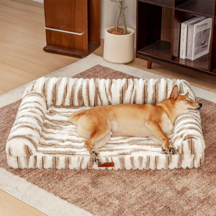 Fluffy striped bolster pet bed, orthopedic comfort for senior dogs, non-slip base, durable fabric