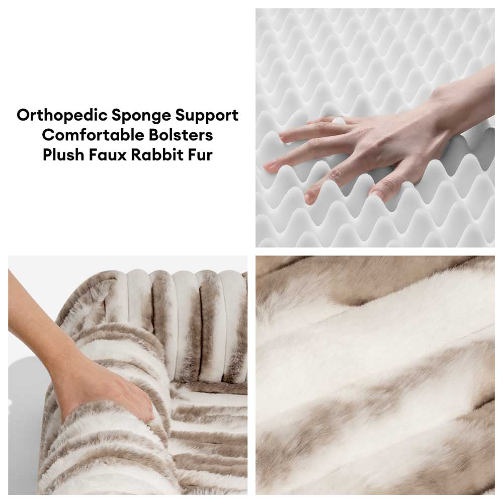 Washable orthopedic dog bed, striped faux fur, cozy bolster for head & neck support, non-slip
