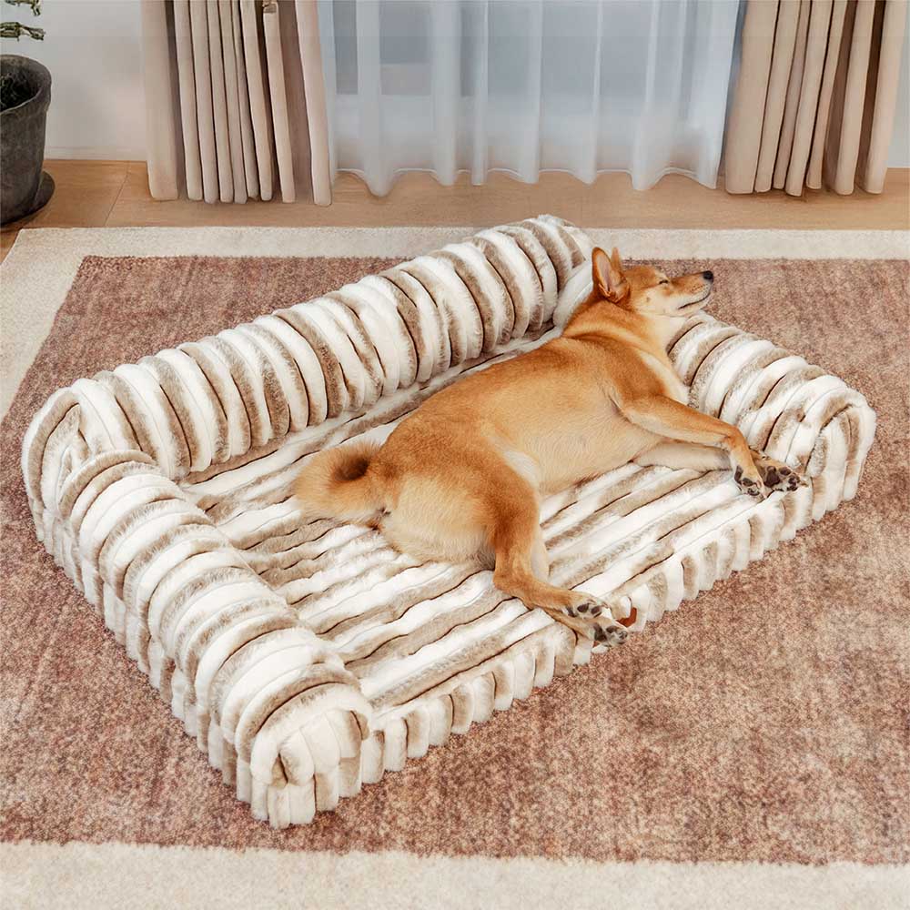 Premium orthopedic cat bed with striped pattern, soft bolster, non-slip bottom, easy to clean