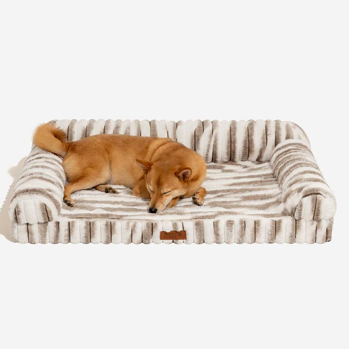 Supportive striped pet bed, orthopedic foam & plush bolster, non-slip for safety, easy wash
